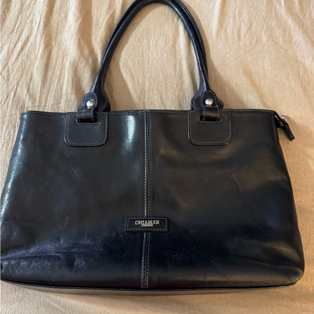 Vintage Italian Chiarugi Firenze Leather Black Shoulder Bag Tote
